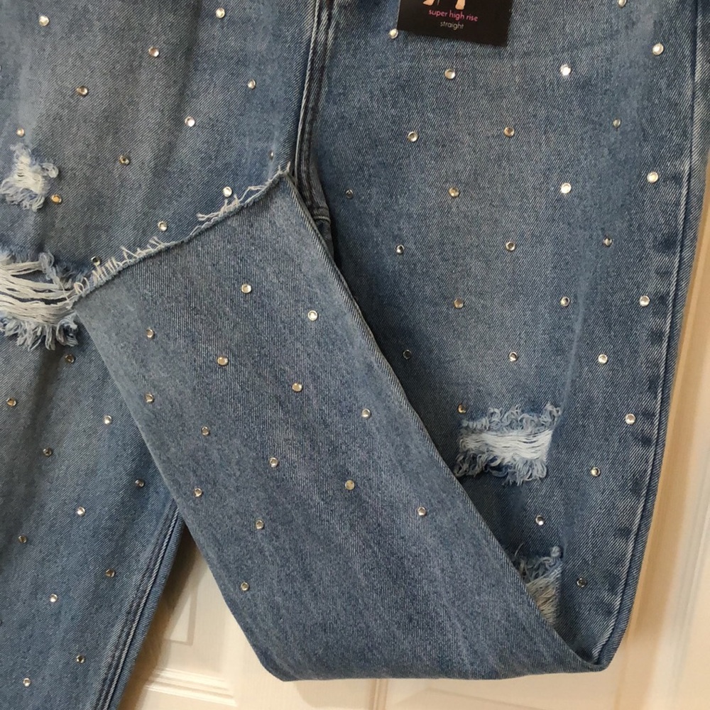 Women's Blue Straight Leg Jeans with Rhinestone Accents